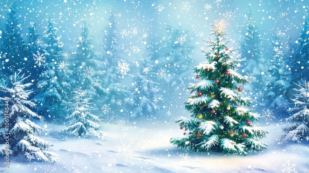 Snowy Christmas Tree in Winter Wonderland Scene Snowy Christmas Tree in Winter Wonderland Scene