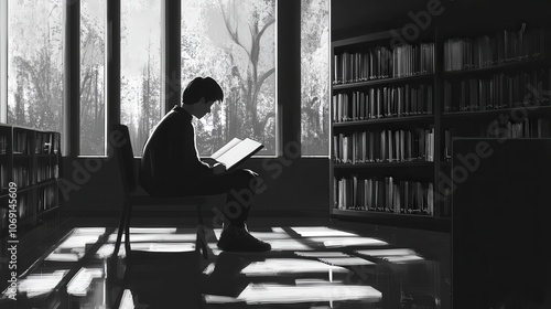 Engaged student reading a textbook in a quiet corner of the library, showcasing a moment of deep concentration and learning, surrounded by bookshelves filled with a wealth of knowledge