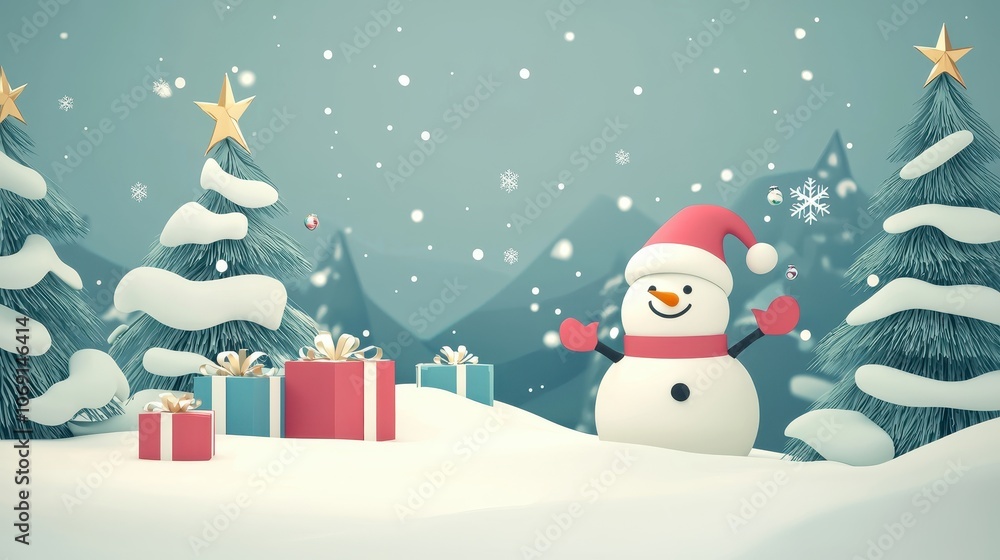 Festive Christmas Scene with Snowman and Trees Festive Christmas Scene with Snowman and Trees