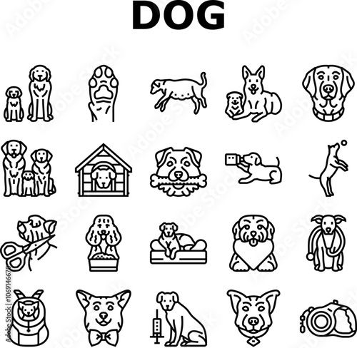 dog breeding genetics pedigree icons set vector. temperament health, nutrition training, socialization whelping, kennel lineage dog breeding genetics pedigree black contour illustrations