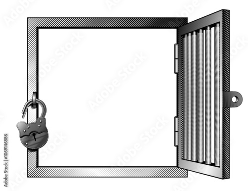 A square window with an open metal grating with a padlock isolated on white. Vector conceptual illustration in vintage black and white engraving style