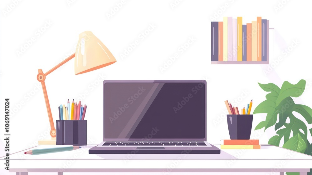 A minimalist workspace featuring a laptop, desk lamp, stationery, and plants. A minimalist workspace featuring a laptop, desk lamp, stationery, and plants.