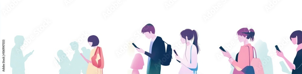 Flat Design Illustrations of People with Smartphones and Social Media Symbols on White Background Flat Design Illustrations of People with Smartphones and Social Media Symbols on White Background