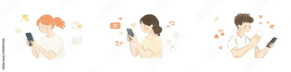 Flat Design Illustrations of People with Smartphones and Social Media Symbols on White Background Flat Design Illustrations of People with Smartphones and Social Media Symbols on White Background