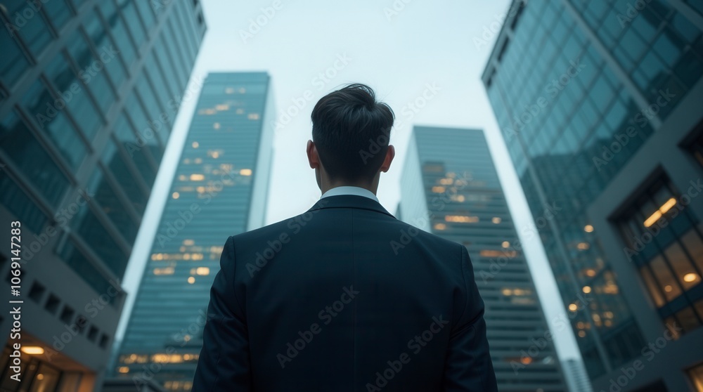Back View of Businessman in Suit with Modern Office Building Background Financial Market and Investment Concept Back View of Businessman in Suit with Modern Office Building Background Financial Market and Investment Concept