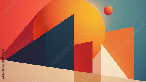 Modern abstract composition with vibrant geometric shapes and a large orange sun