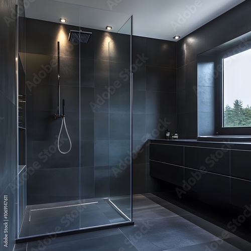 Wallpaper Mural A sleek and modern bathroom featuring dark tiles, a walk-in shower, and minimalist fixtures. The design emphasizes a clean, sophisticated look with a focus on simplicity and functionality. Torontodigital.ca