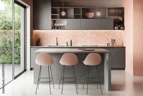 Modern Kitchen Island with Three Pink Bar Stools