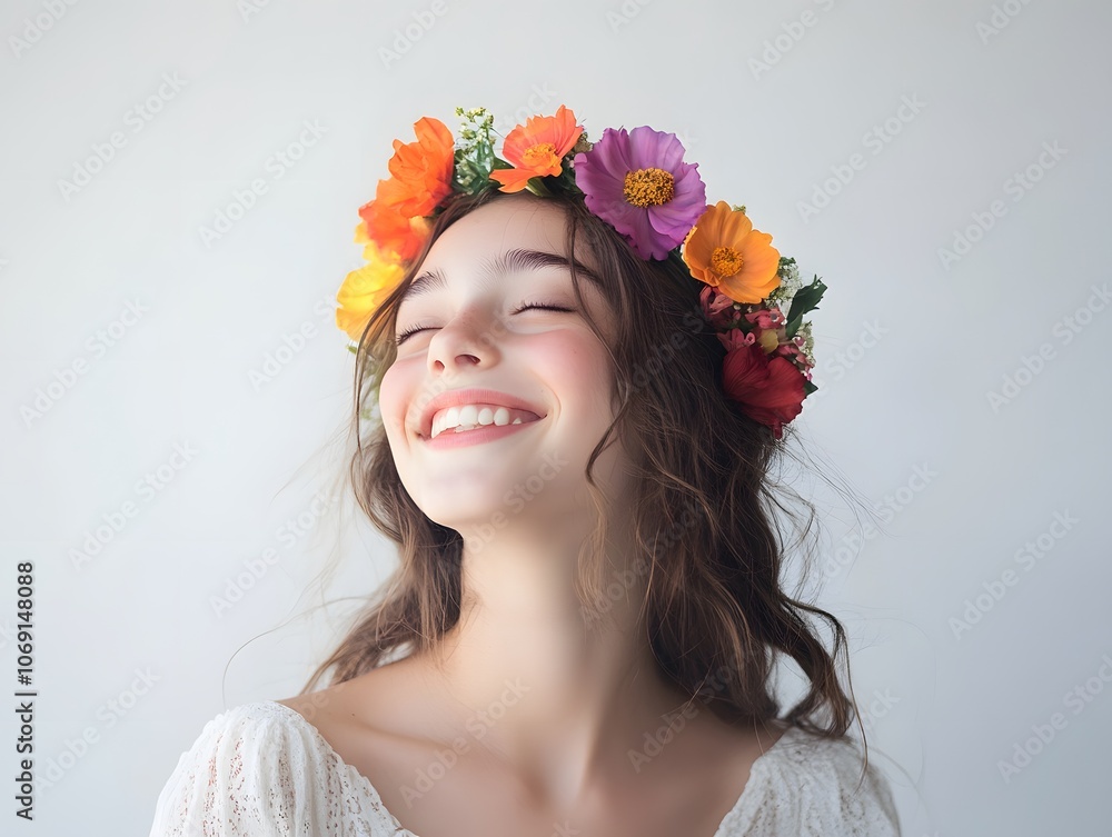 Naklejka premium Joyful Girl with Flower Crown Smiling Brightly
