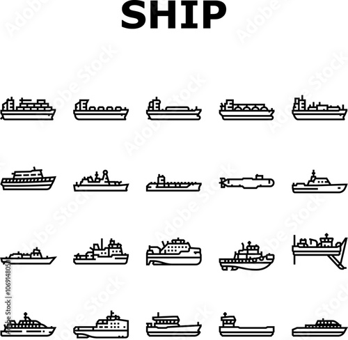 ship cargo maritime navigation icons set vector. deck hull, port starboard, stern bow, keel mast, sail captain, crew, voyage, dock ship cargo maritime navigation black contour illustrations