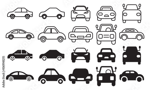 Car transport icon set isolated on transparent. Cars front and side view line and thin symbol collection. Editable stroke.