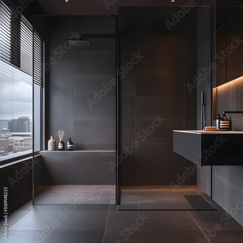 A sleek and modern bathroom featuring dark tiles, a walk-in shower, and minimalist fixtures. The design emphasizes a clean, sophisticated look with a focus on simplicity and functionality. photo