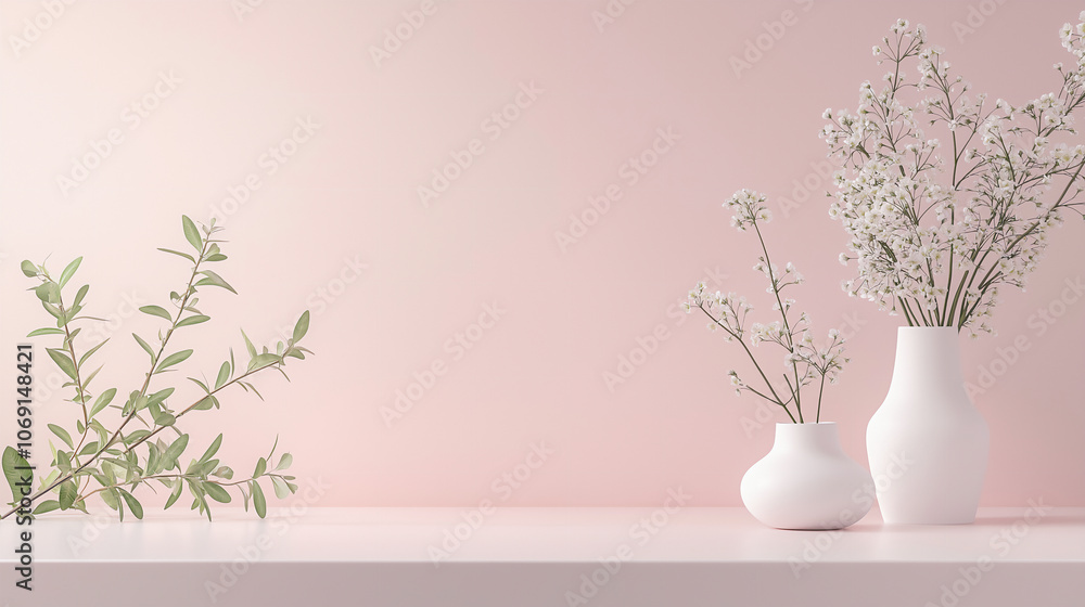 White vases with flowers on pink background, minimalist floral arrangement, home decor, modern interior, soft color palette White vases with flowers on pink background, minimalist floral arrangement, home decor, modern interior, soft color palette