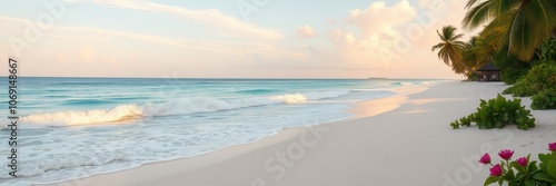 Soft waves lap the white sand beach on a calm morning