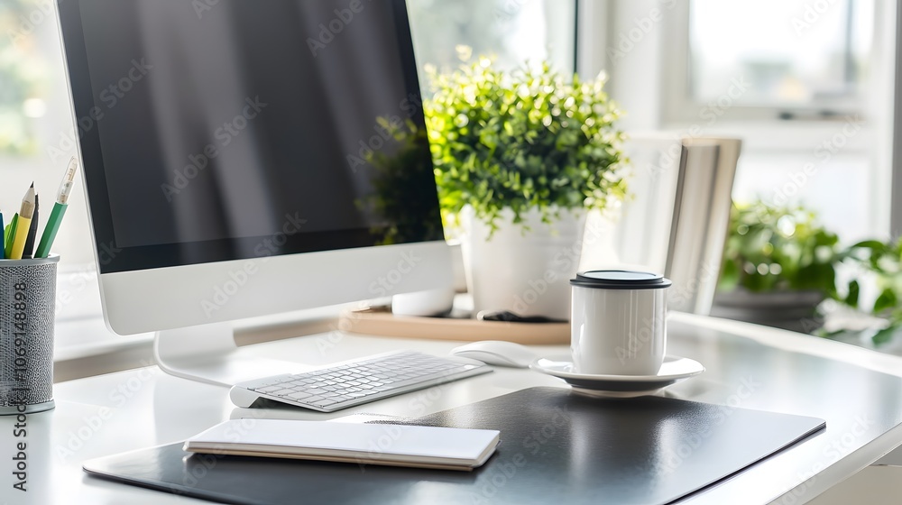 A sleek and modern home office featuring a computer, notebook, and a cup of coffee on a minimalist desk. The design is clean and contemporary, emphasizing simplicity and functionality. A sleek and modern home office featuring a computer, notebook, and a cup of coffee on a minimalist desk. The design is clean and contemporary, emphasizing simplicity and functionality.