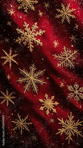 Elegant golden snowflakes on a rich red background create a festive holiday atmosphere