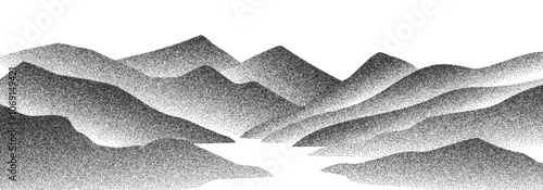 Grain stippled glacier or mountains landscape. Vector illustration black dotted particle terrain, stippling peak, icy rock or alpine silhouettes.