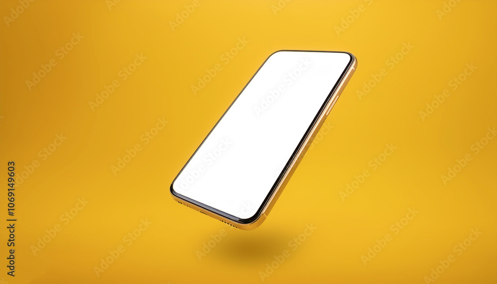 Smartphone With white screen floating or flying isolated on yellow pastel background Smartphone With white screen floating or flying isolated on yellow pastel background