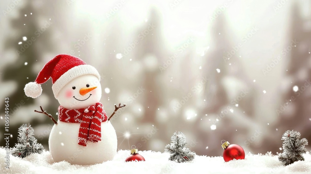 Christmas Snowman with Decorations in Winter Scene Christmas Snowman with Decorations in Winter Scene