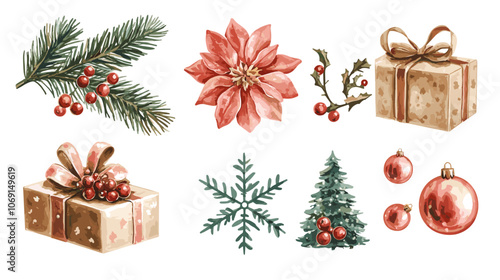 Vector watercolor christmas illustration set with Fir, christmas flower, snowflakes, berries, ornaments, gift, presents and mittens