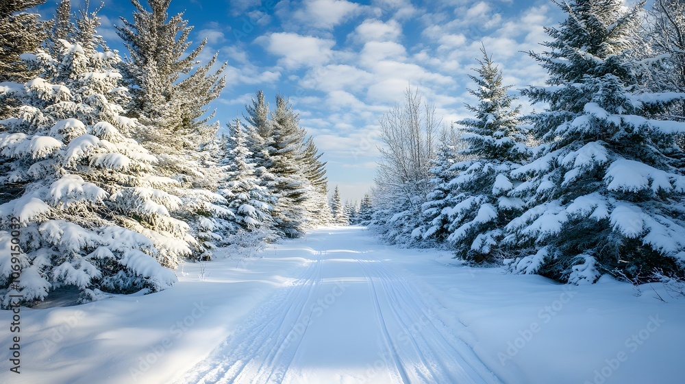 A snow-covered forest in winter featuring tall evergreen trees and a path leading through the pristine, white landscape A snow-covered forest in winter featuring tall evergreen trees and a path leading through the pristine, white landscape