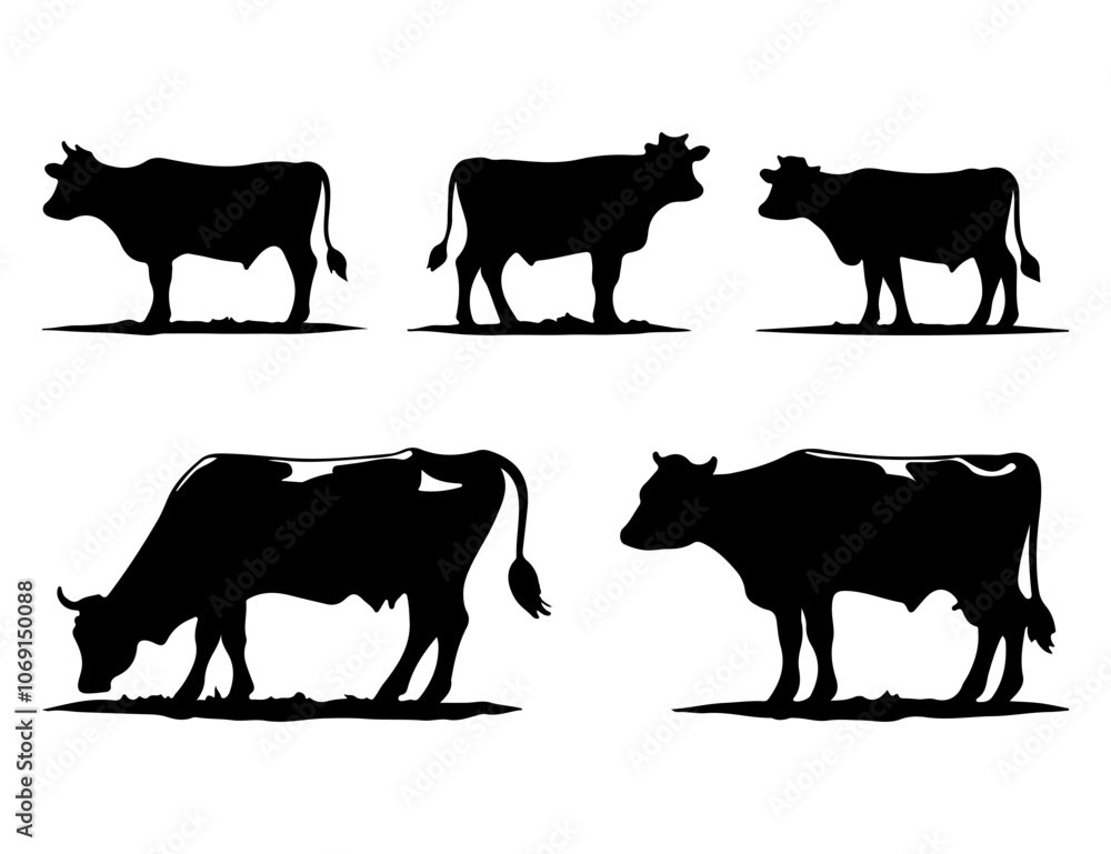Black Silhouette outlines of cows in various poses Black Silhouette outlines of cows in various poses