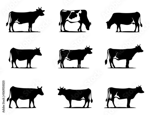 Black Silhouette outlines of cows in various poses