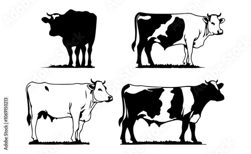 Black Silhouette outlines of cows in various poses