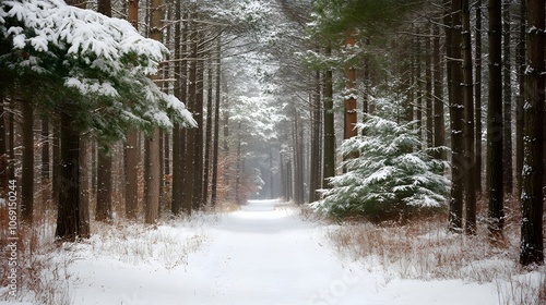 A snow-covered forest in winter featuring tall evergreen trees and a path leading through the pristine, white landscape photo