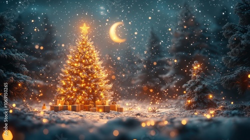 A glowing Christmas tree stands in a snowy forest under a crescent moon, surrounded by presents.