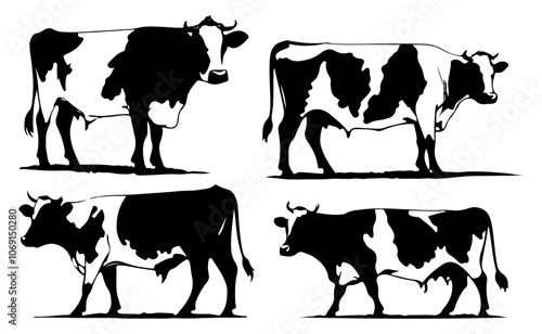 Black Silhouette outlines of cows in various poses