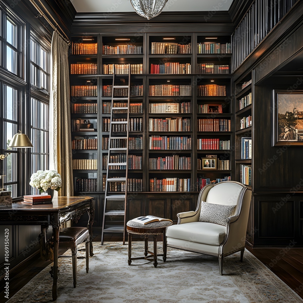 A sophisticated home library featuring floor-to-ceiling bookshelves, a classic ladder for reaching high shelves, and a plush reading chair for ultimate comfort