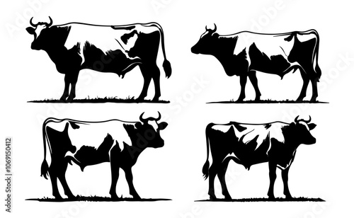 Black Silhouette outlines of cows in various poses