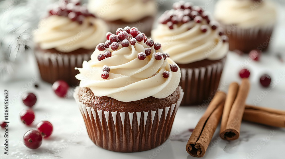 Festive Chocolate Cupcakes with Creamy Frosting and Cranberry Garnish Festive Chocolate Cupcakes with Creamy Frosting and Cranberry Garnish