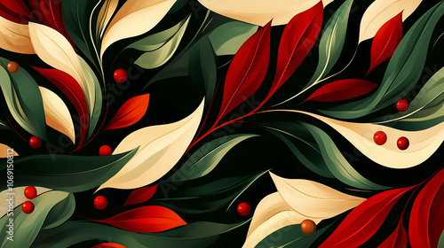 Elegant Abstract Foliage in Red, Green, and Cream Tones with Berry Accents