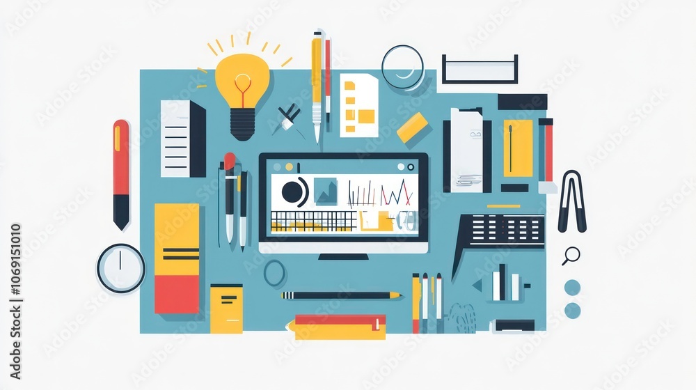 A flat lay of office supplies and a computer, illustrating a workspace setup. A flat lay of office supplies and a computer, illustrating a workspace setup.