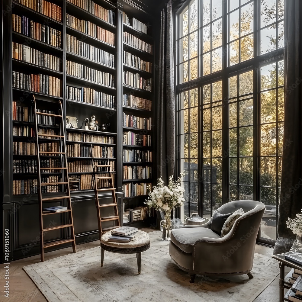 A sophisticated home library featuring floor-to-ceiling bookshelves, a classic ladder for reaching high shelves, and a plush reading chair for ultimate comfort A sophisticated home library featuring floor-to-ceiling bookshelves, a classic ladder for reaching high shelves, and a plush reading chair for ultimate comfort
