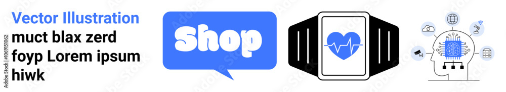 Blue and white vector images representing an online shopping bag with the word Shop, a fitness smartwatch, and a human head with AI-related icons. Ideal for e-commerce, healthcare technology Blue and white vector images representing an online shopping bag with the word Shop, a fitness smartwatch, and a human head with AI-related icons. Ideal for e-commerce, healthcare technology