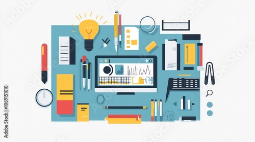 A flat lay of office supplies and a computer, illustrating a workspace setup.