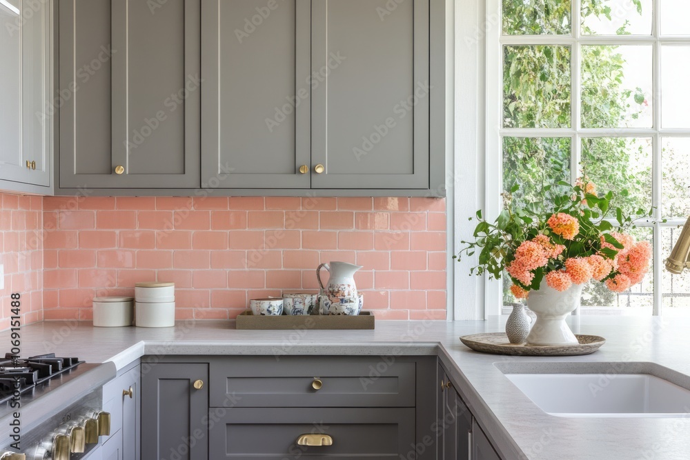Modern Kitchen with Gray Cabinets, Pink Tile Backsplash, and Flowers in a Vase Modern Kitchen with Gray Cabinets, Pink Tile Backsplash, and Flowers in a Vase