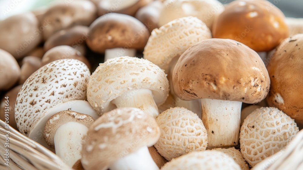 Fresh assorted mushrooms displayed in a woven basket with earthy tones and macro detail under studio lighting Fresh assorted mushrooms displayed in a woven basket with earthy tones and macro detail under studio lighting