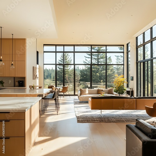 A spacious open-concept kitchen and living area featuring modern furniture and large windows that allow natural light to flood the space photo