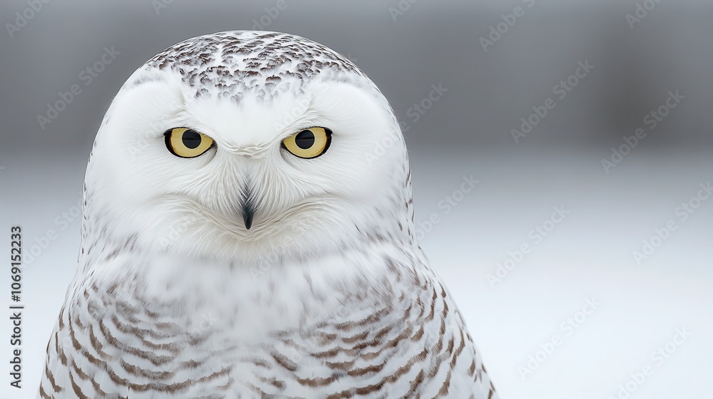 A close-up view of a white owl perched on a snowy landscape during a cloudy winter afternoon A close-up view of a white owl perched on a snowy landscape during a cloudy winter afternoon