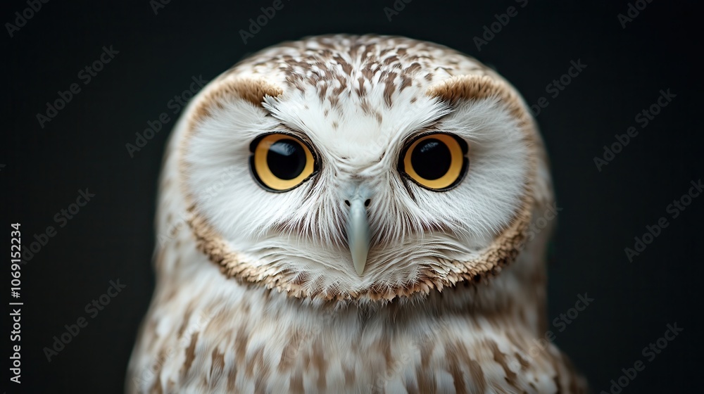 Fototapeta premium A stunning close-up of a white owl displaying striking yellow eyes against a dark background in a serene setting