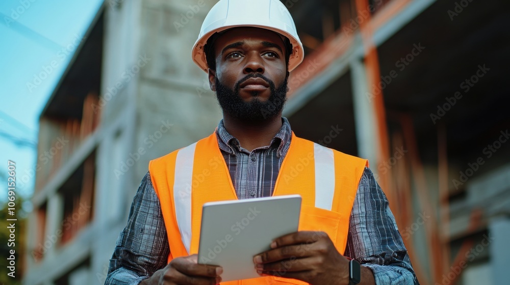 Construction worker in safety vest and hard hat using tablet at construction site Construction worker in safety vest and hard hat using tablet at construction site