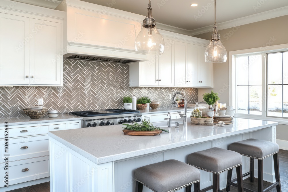 Fototapeta premium Modern Kitchen Island with White Cabinets and Grey Herringbone Tile Backsplash