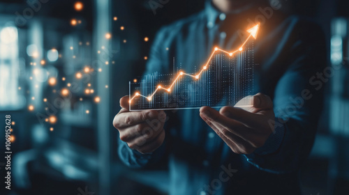 Businessman presenting a growing up arrow graph with innovative idea for business technology success