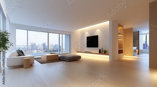 A large, open living room with a large flat screen TV mounted on the wall