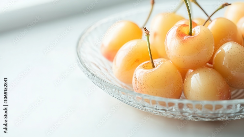 Fresh yellow cherries displayed in a transparent glass plate on a clean white table with ample copy space for design use, white does not show allergies variety Fresh yellow cherries displayed in a transparent glass plate on a clean white table with ample copy space for design use, white does not show allergies variety