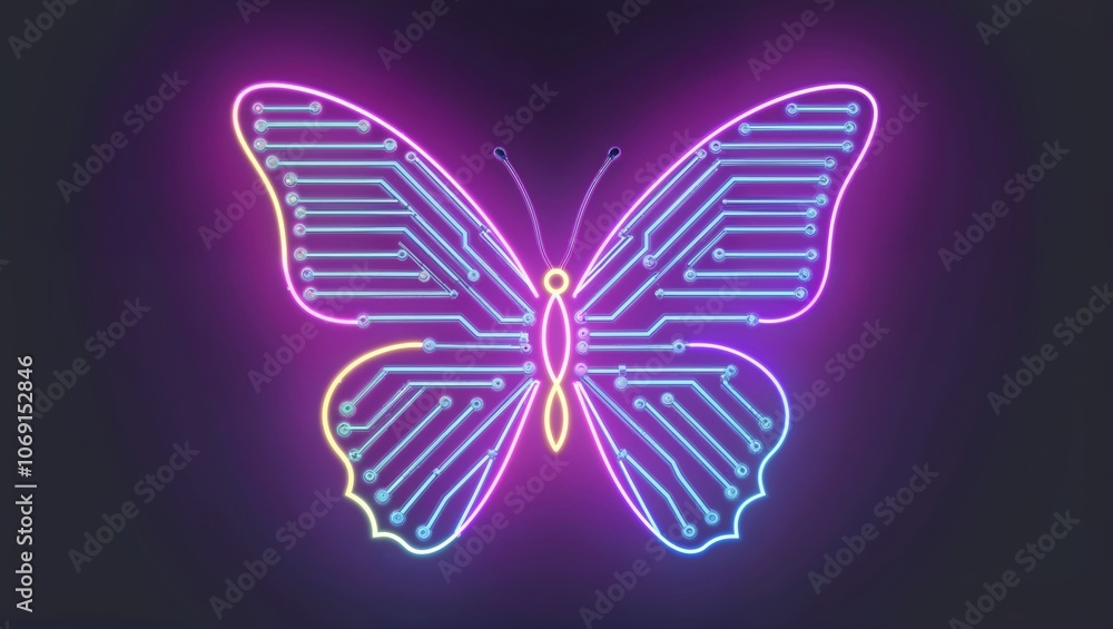 A vibrant neon butterfly design, showcasing a blend of technology and nature, with colorful lines resembling circuit patterns against a dark background.